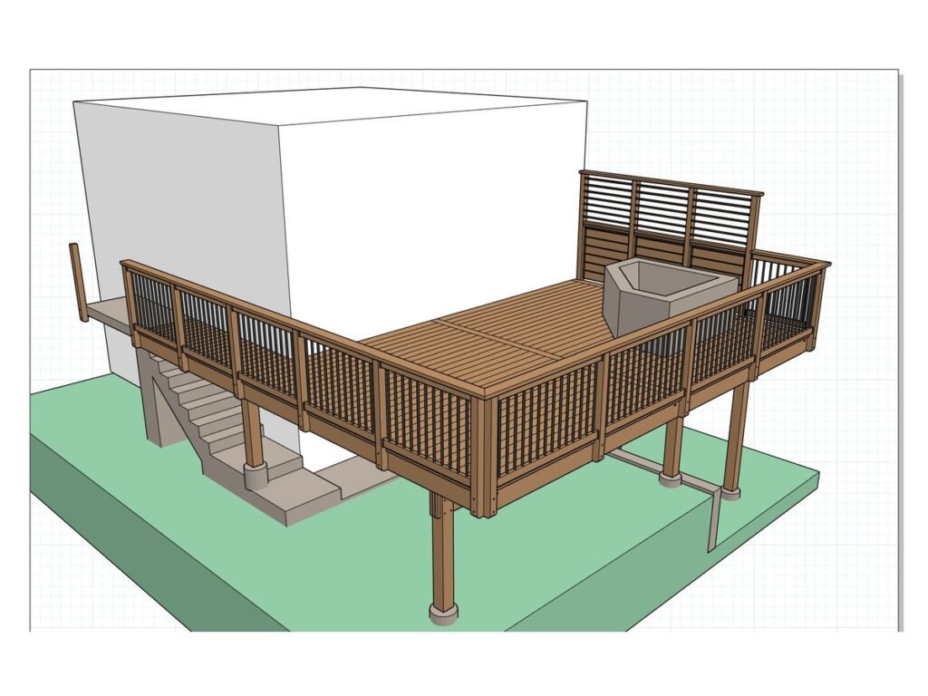 3D model of a second-storey deck with privacy screen, designed in-house by J&J Construction